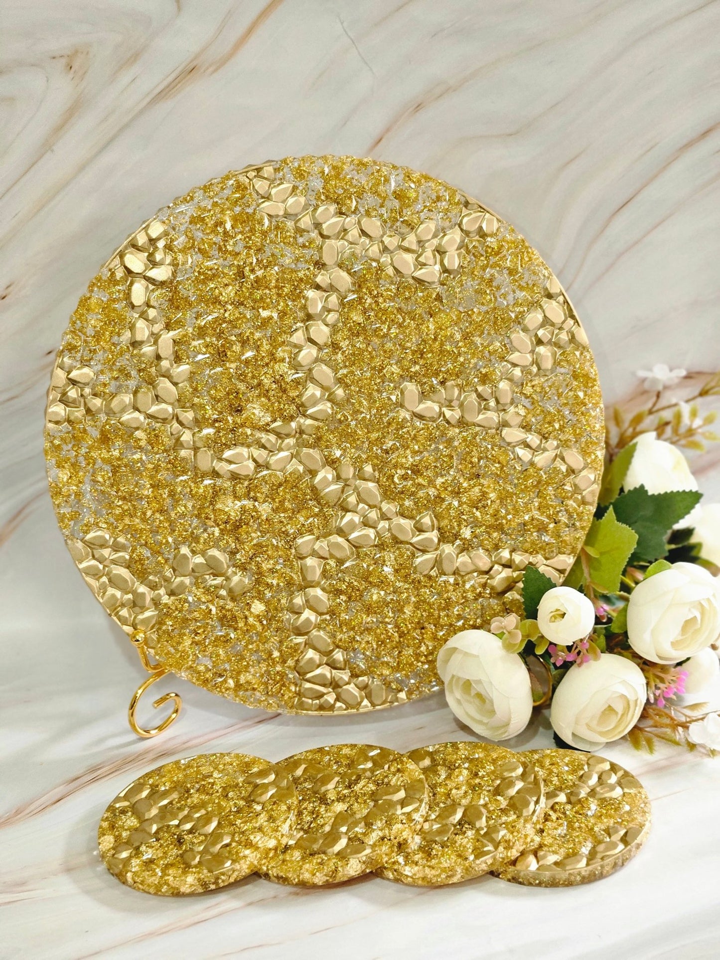 Gold gemstone pattern decorative tray with 4 matching coasters