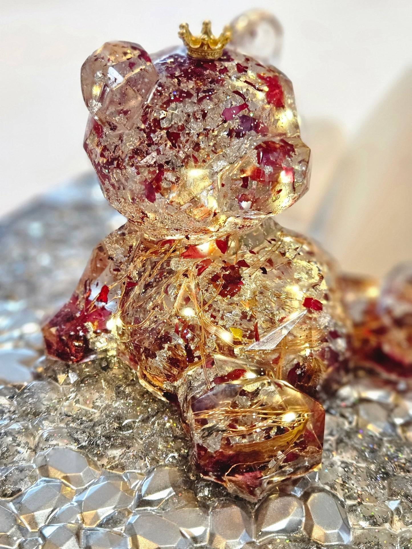 Resin 'Light up" Bear with dried roses, silver foil