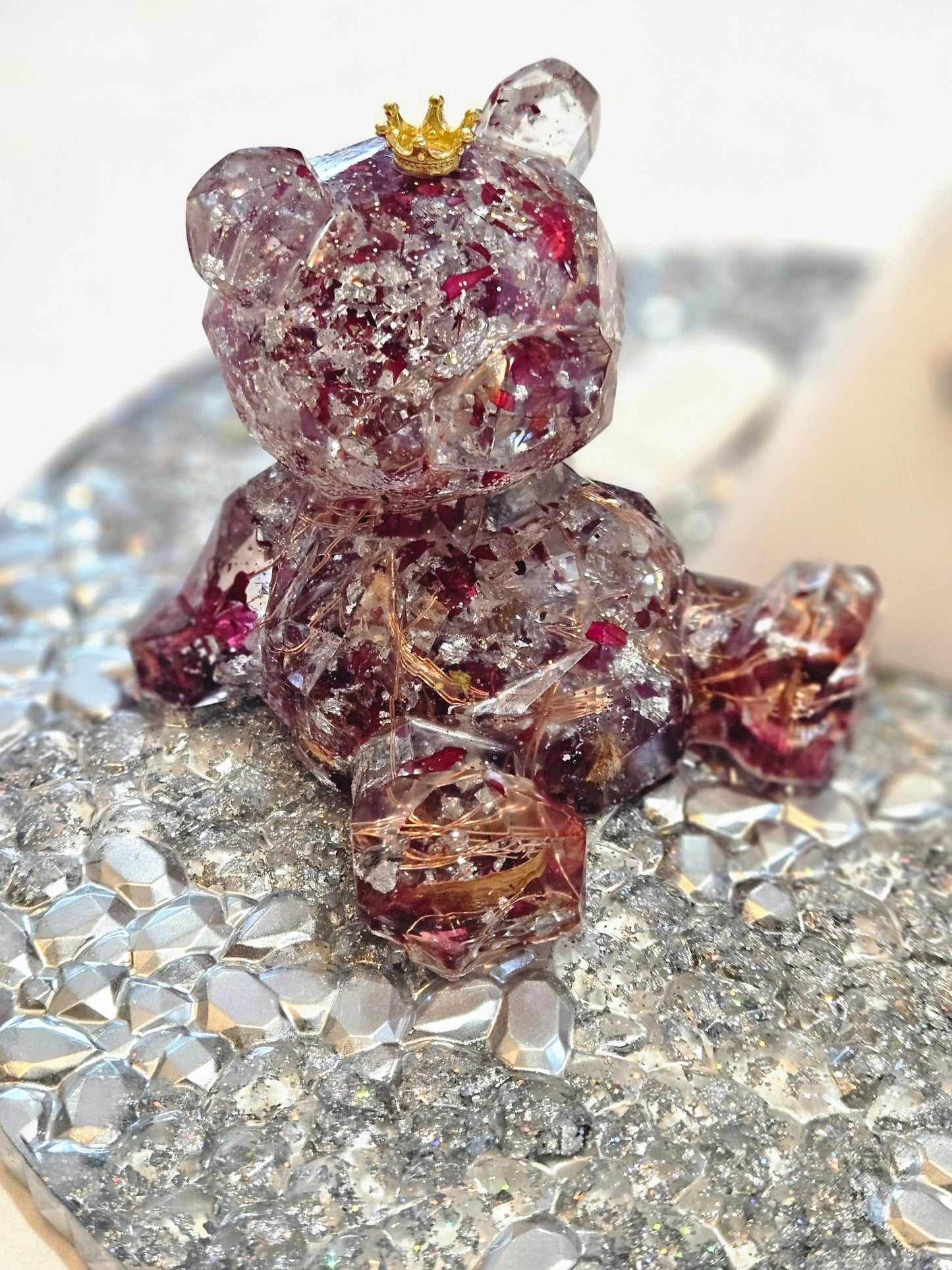 Resin 'Light up" Bear with dried roses, silver foil