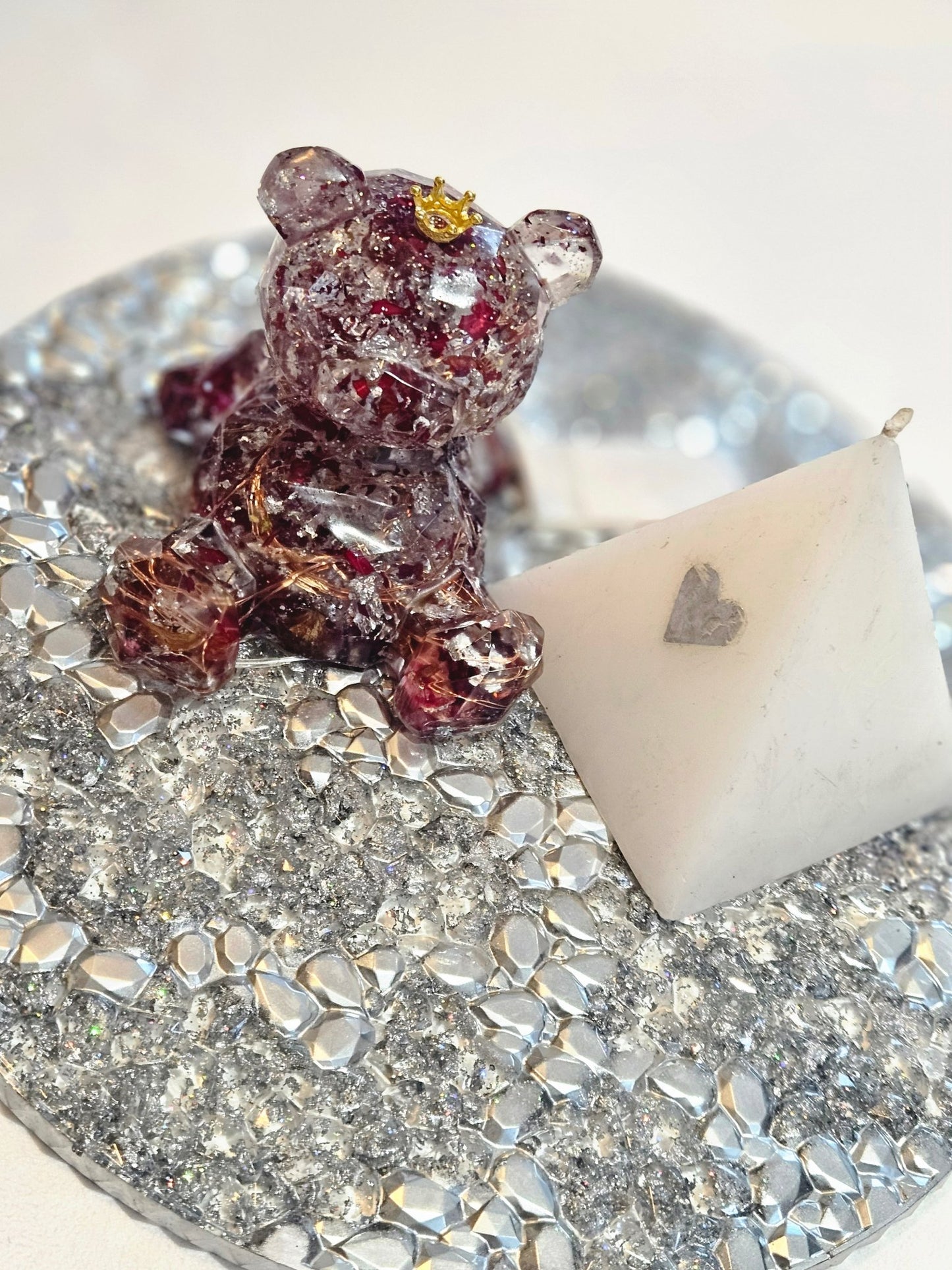 Resin 'Light up" Bear with dried roses, silver foil