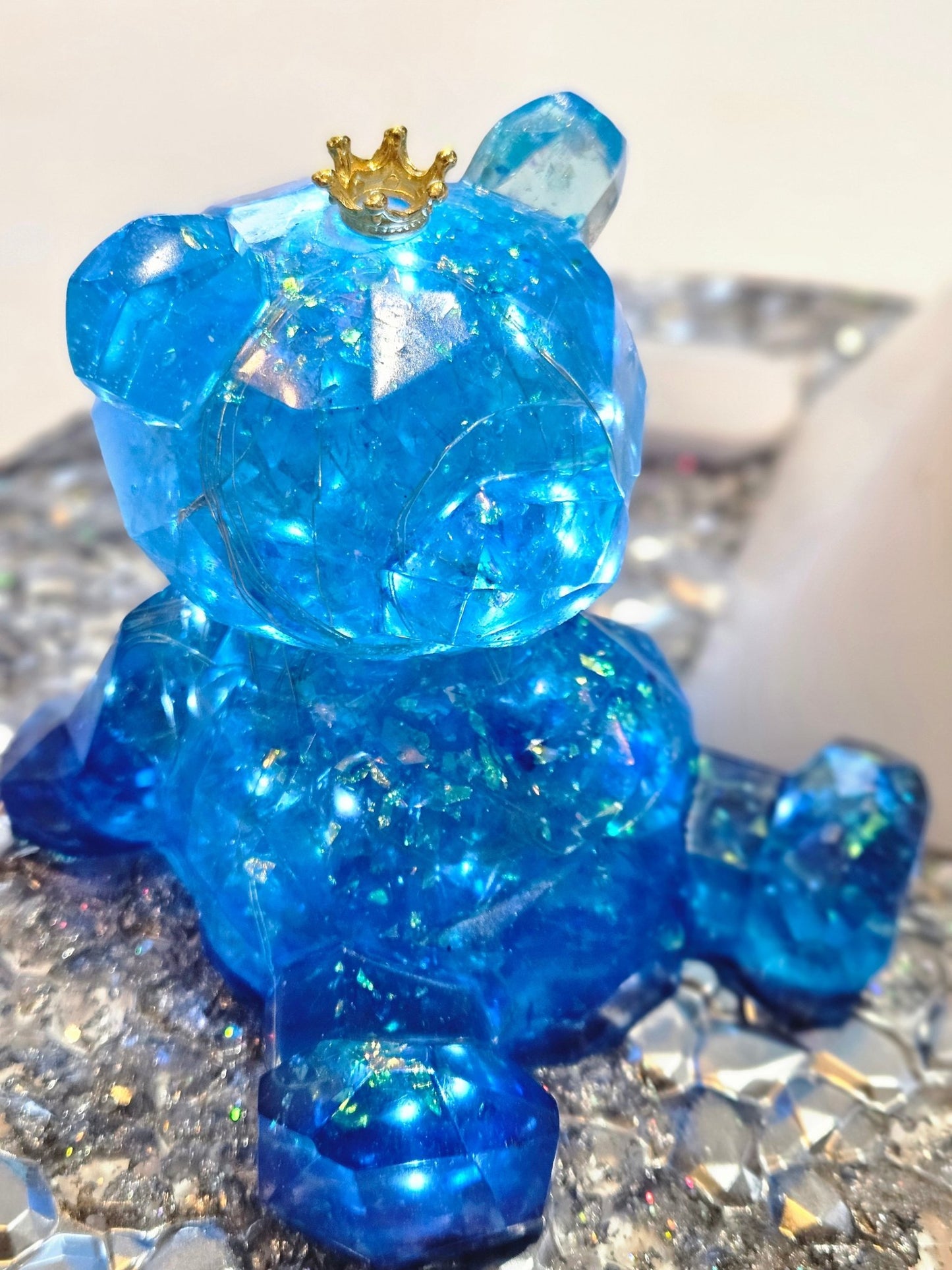 Resin Blue 'Light up" Bear with holographic foil and lights