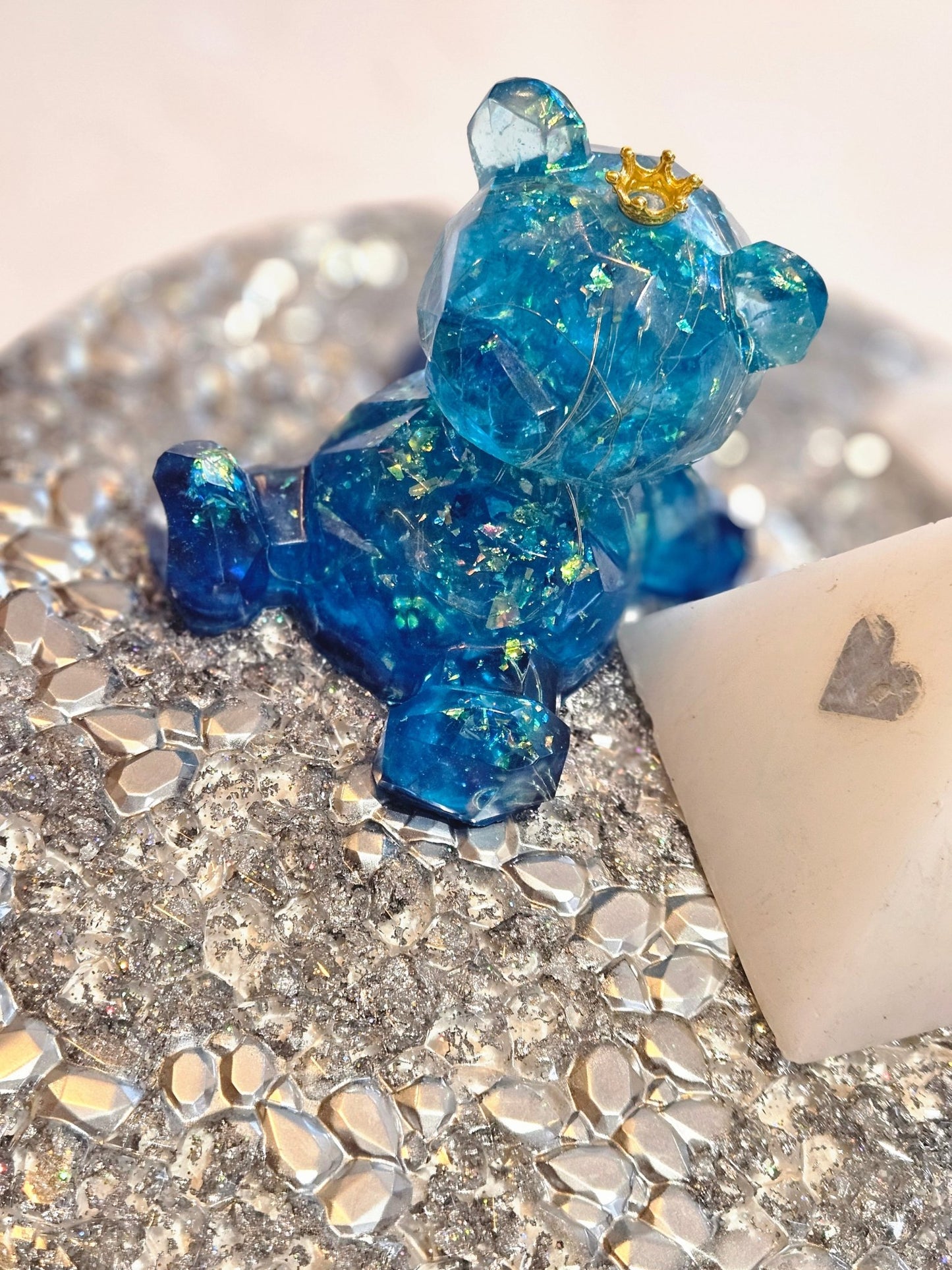 Resin Blue 'Light up" Bear with holographic foil and lights