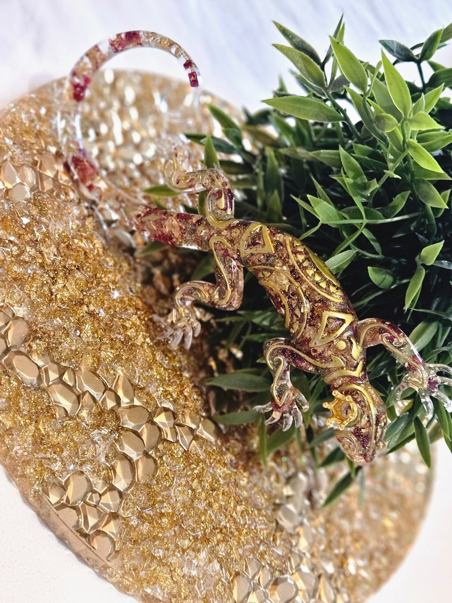 Resin Tribal Gecko with Gold foil and dried roses