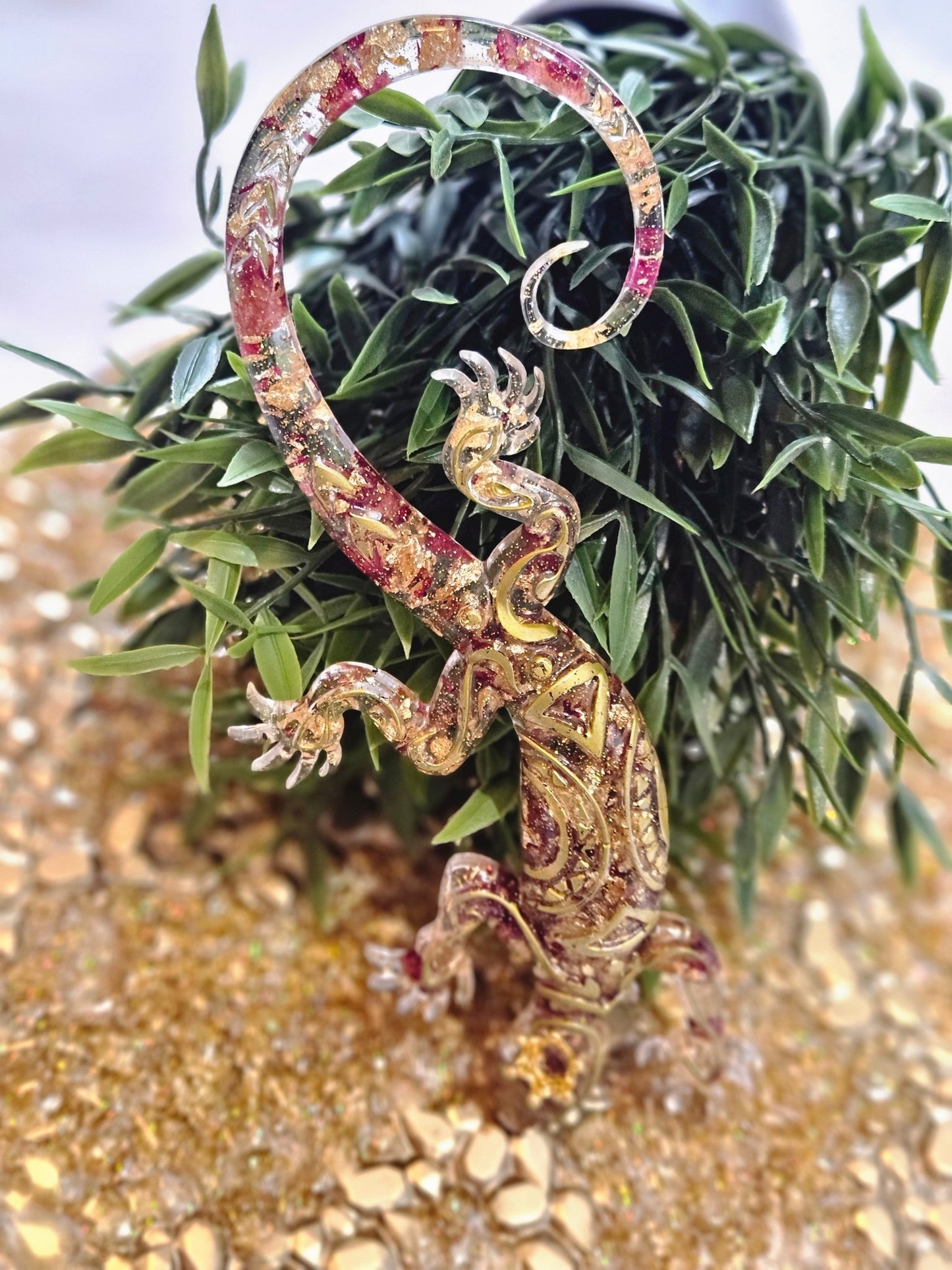 Resin Tribal Gecko with Gold foil and dried roses