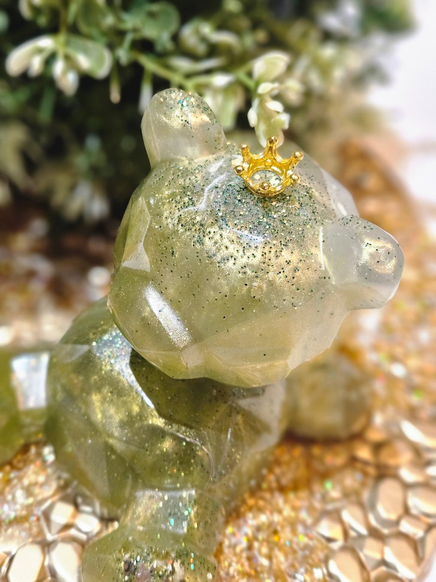 Resin 'Light up" Bear in Gold, Green and Pearl with lights and glow-in-the-dark glitter