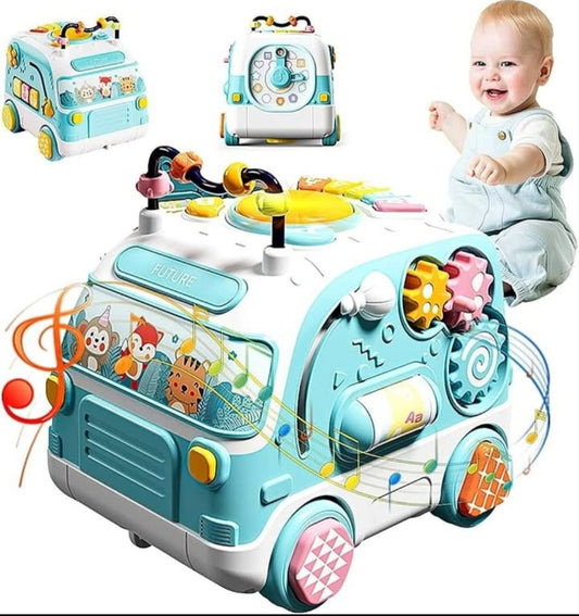 Musical Toy Bus for Babies - Shape Sorter, Rotating Gear, Lights - Educational Activity Learning Cube