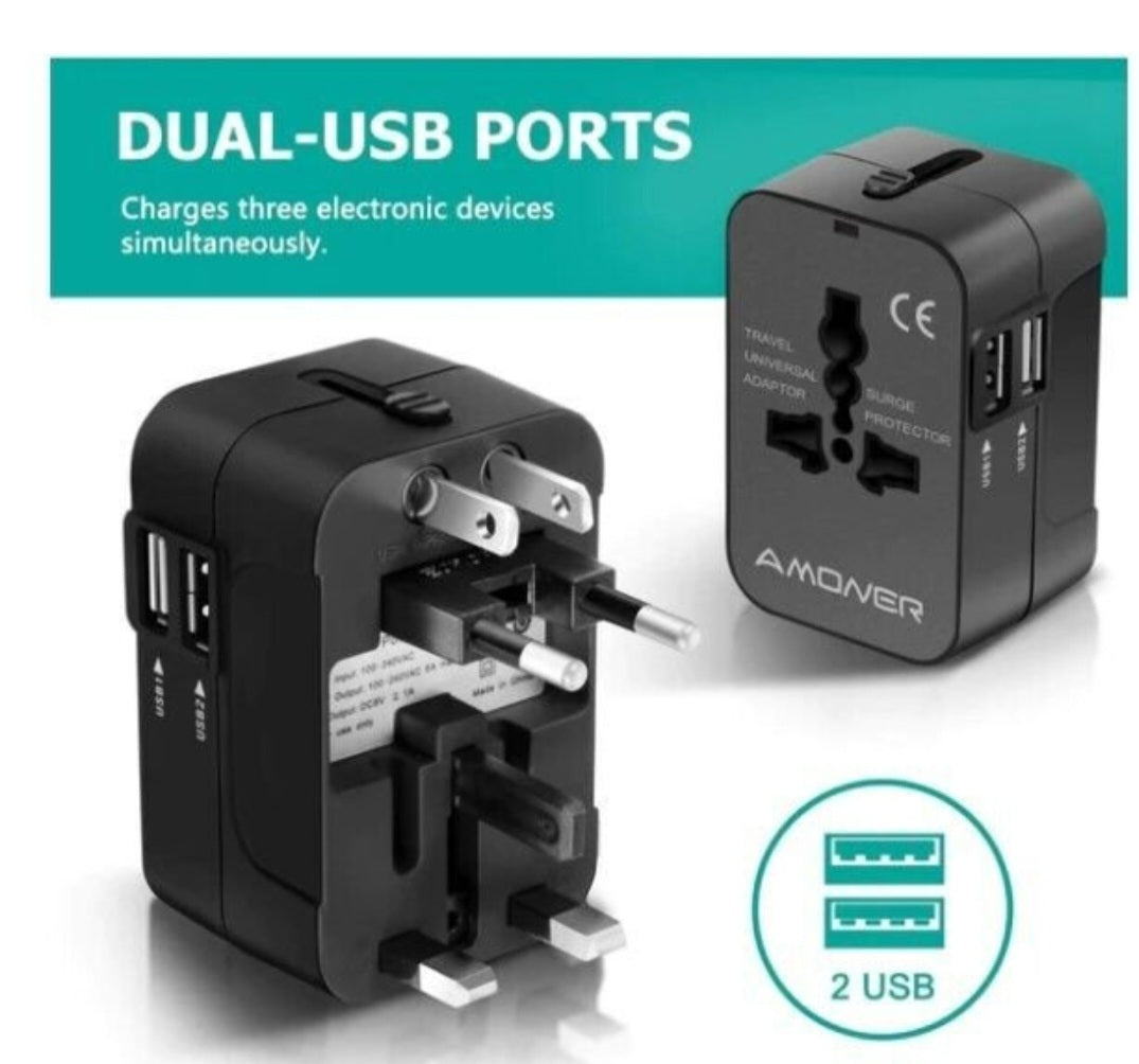 Universal Travel Plug Adapter with 2 USB Ports for Worldwide Travel - Black