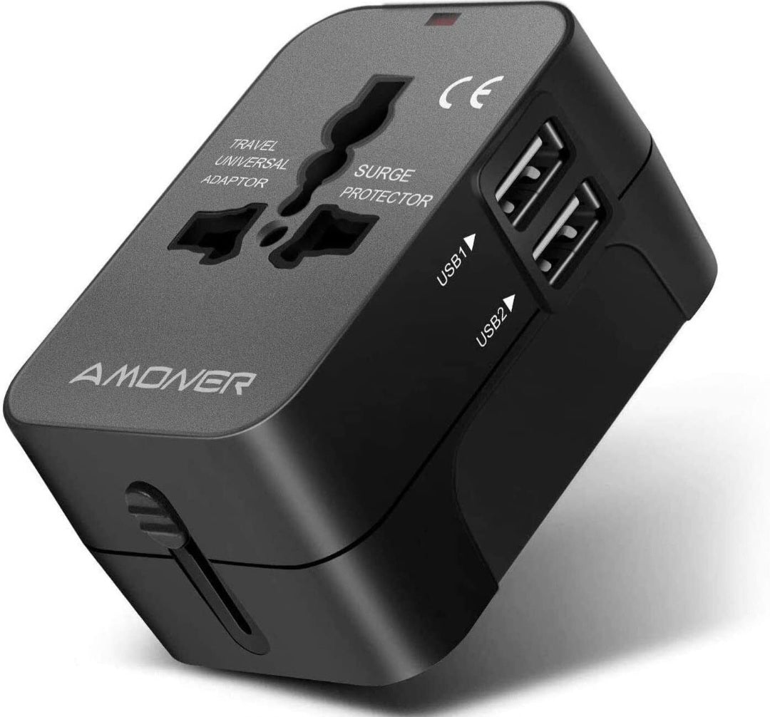 Universal Travel Plug Adapter with 2 USB Ports for Worldwide Travel - Black