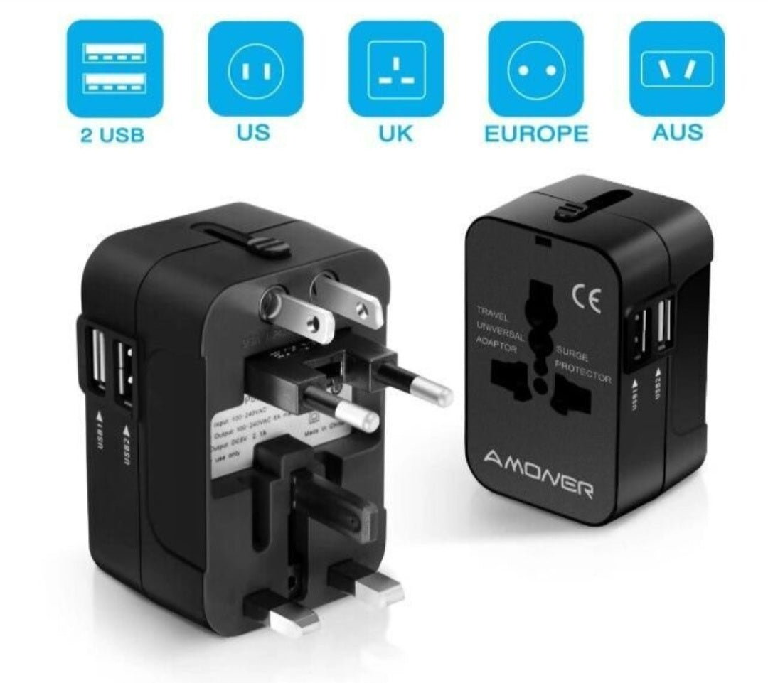 Universal Travel Plug Adapter with 2 USB Ports for Worldwide Travel - Black