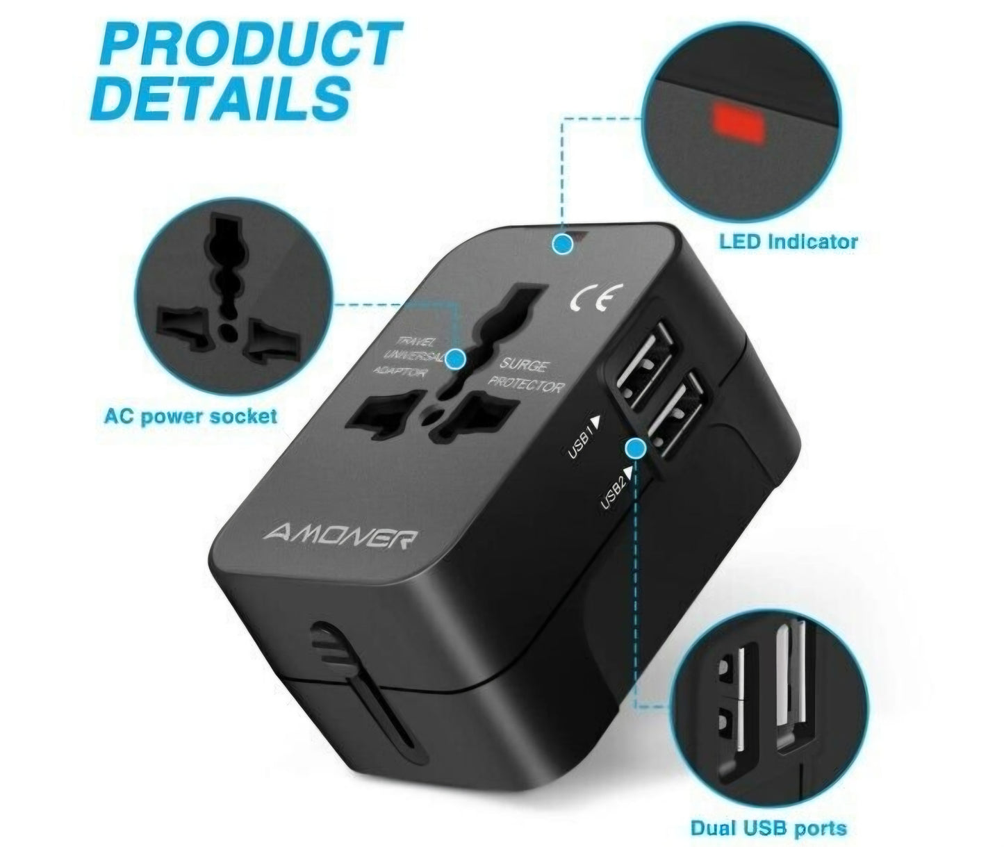 Universal Travel Plug Adapter with 2 USB Ports for Worldwide Travel - Black