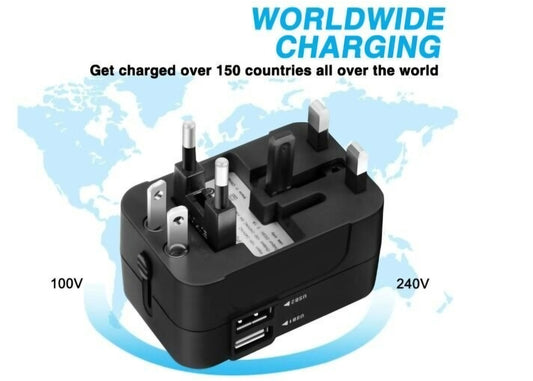 Universal Travel Plug Adapter with 2 USB Ports for Worldwide Travel - Black