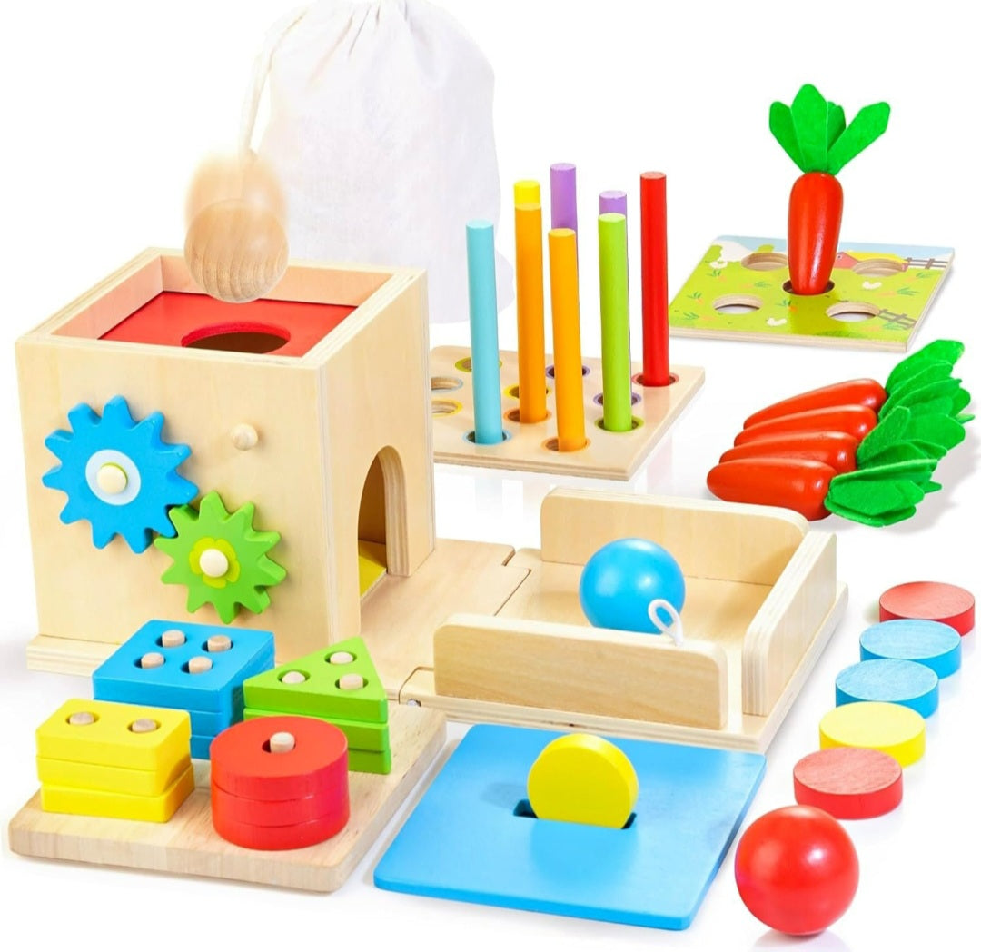 Montessori Wooden Activity Cube Baby 12 months+ - 8 in 1 Wooden Sorting and Stacking Toy Set