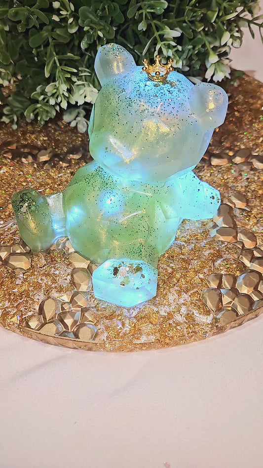 Resin 'Light up" Bear in Gold, Green and Pearl with lights and glow-in-the-dark glitter